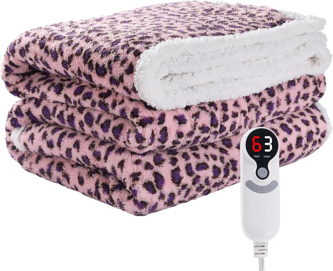 Electric Heated Blanket Throw Size 50"x60" with 9 Heating Levels & 1-10 Hs auto Off, Heating Throw Double Sided Sherpa, Energy Efficient, Machine Washable, Leopard Print Pink & Purple