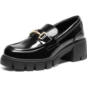 DREAM PAIRS Women's Platform Chunky Loafers (11, Black-Pat)