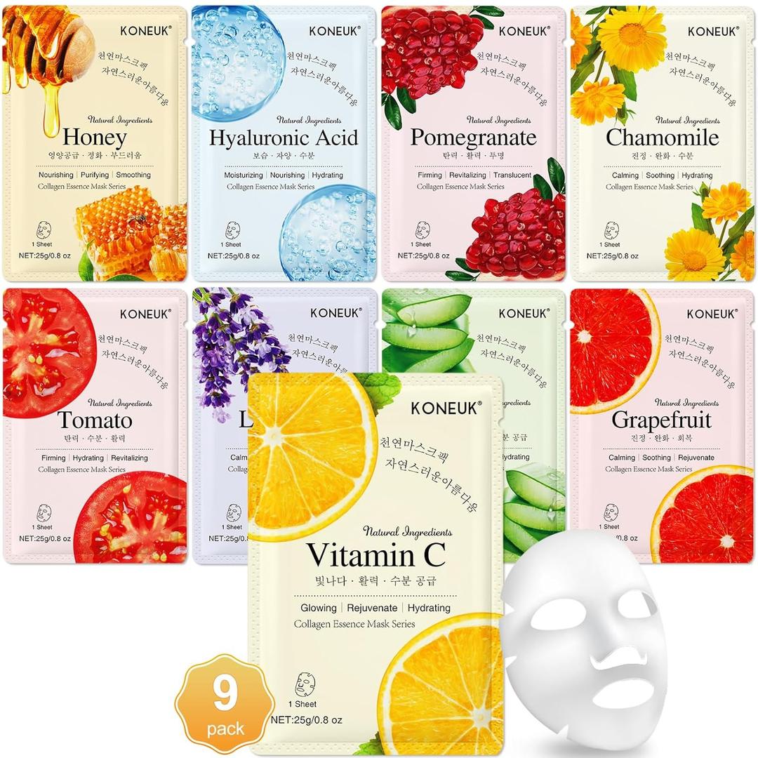KONEUK 9 Pack Collagen Face Masks Skincare for Women, Hydrating Sheet Face Masks Suitable for All Skin Types, Bulk Facial Masks for Women Skin Care, Face Mask Gifts Set for Spa Party
