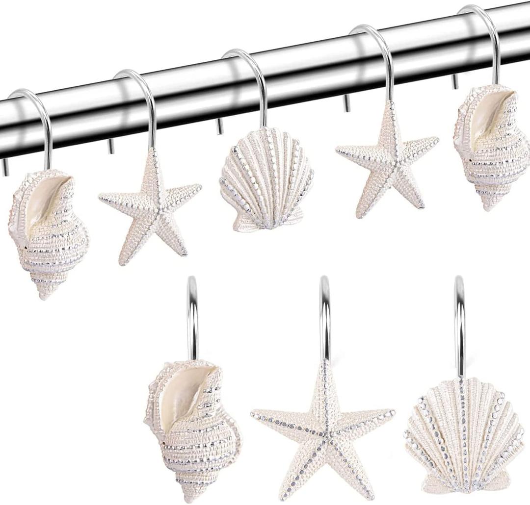 Seashell Shower Curtain Hooks12PCS Anti Rust Decorative Resin Hooks for Bathroom, Baby Room, Bedroom, Living Room Decor (White Seashell)