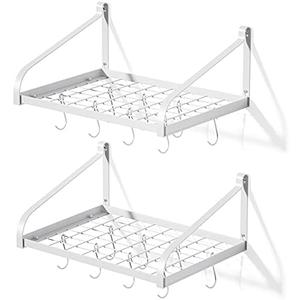 Love-KANKEI Pot Rack Wall Mounted Set of 2 Pan Pot Organizer Wall Shelves with 16 Hooks for Kitchen Cookware Utensils Organization White