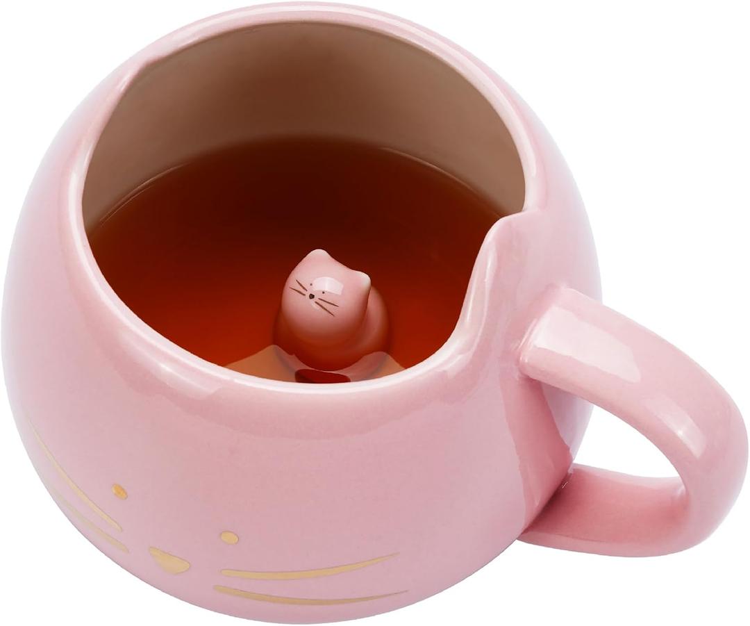 Koolkatkoo Cat Mug Cute Ceramic Coffee Mugs Hidden 3D Animal Inside Cup Novelty Tea Cup for Women Girl Gifts for Cat Lovers Holiday Mothers Day Christmas Birthday Gifts 12 oz Pink