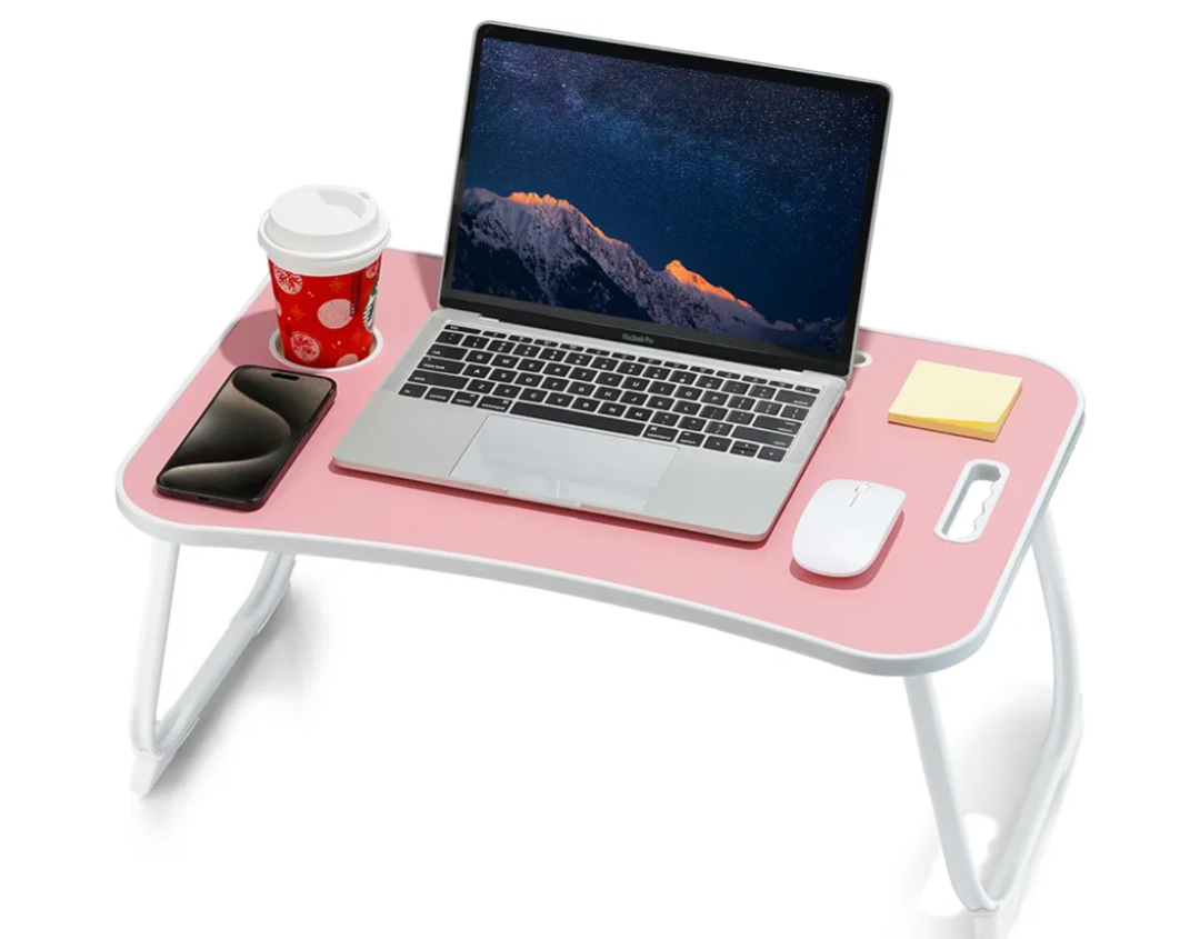 Laptop Bed Desk, Foldable Lap Desk, Portable Lap Table, Laptop Stand with Cup Holder & Tablet Slot & Lifting Handle for Working Writing Drawing & Eating - Pink