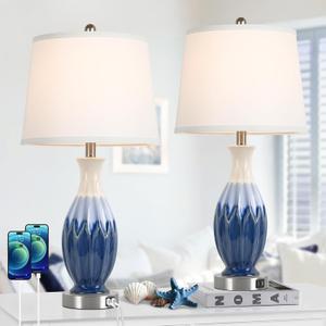 28 Tall Table Lamps Set of 2, Ceramic Navy Blue Bedside Lamps with USB Ports, Coastal Lamp with White Fabric Shade, Large Bedroom Table Lamps for End Table Living Room Nightstand