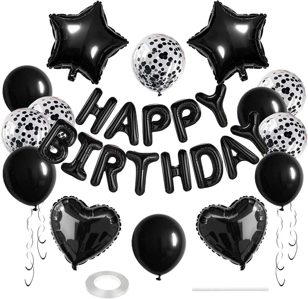 27 Pcs Black Birthday Decorations, 3D Foil Black Happy Birthday Balloon Banner, Pentagram Heart Foil Balloons Confetti Balloons Kit For Boys Girls Birthday Party Supplies