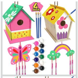 Crafts for Kids Ages 4-8 - 4 Pack DIY Bird House Wind Chime Kit - Build and Paint Birdhouses Wooden Arts Kits Easter Basket Stuffers Gifts for Girls Kids Boys Toddlers Ages 3-5 4-6 6-8 8-12