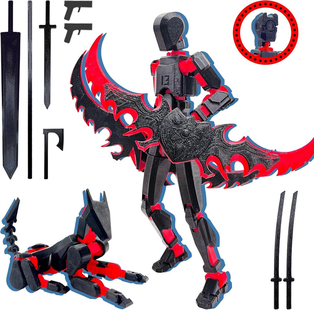 T13 3D Action Figure Set (Assembly Completed),Dummy Robot Titan 13 Action Figures,3D Printed Toys Multi-Jointed Movable (Black/Red)