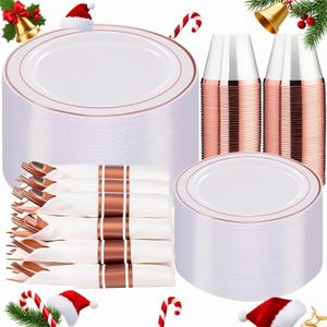 WELLIFE 350Pcs Rose Gold Plastic Plates for 50 Guests - Plastic Dinnerware Set,Party Supplies Includes 100 Rose Gold plates,150 Silverware,50 Napkins,50 Cups for Party and Christmas