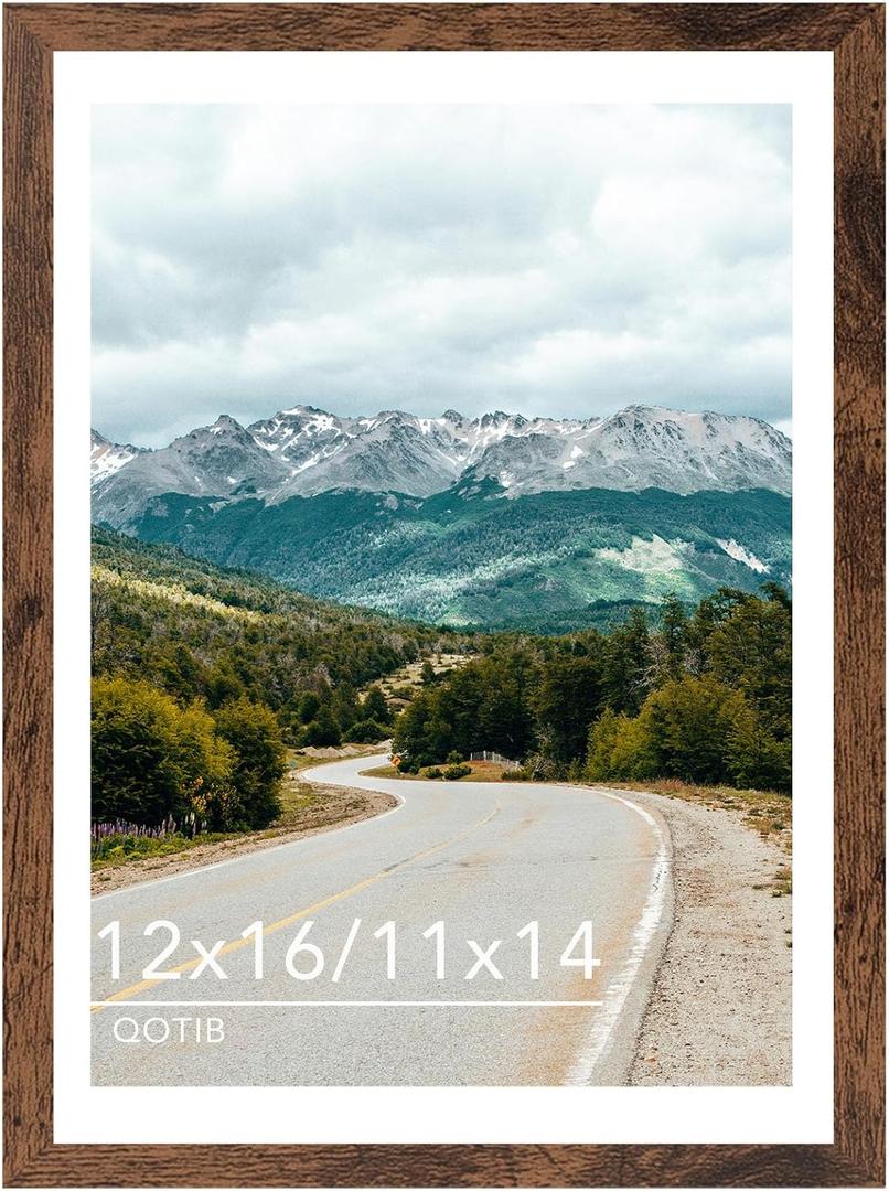 QOTIB Wood 12x16 Picture Frame with 11x14 Mat Deep Brown, Display 11x14 with Mat or 12x16 Without Mat, Wood 12 by 16 Photo Frame, 12 x 16 Frame for Wall Hanging Display, Deep Brown