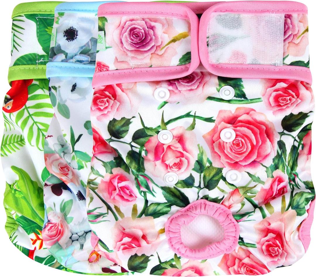 wegreeco Luxury Washable Reusable Dog Diapers (Stylish Pattern) - Female Dog Diapers, Doggie Diapers, 3 Pack, (Large (15"-17" Waist), Floral)