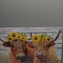 Highland Cow Canvas Wall Art Farmhouse Animal Painting Sunflower on Cow Head Picture Wood Background Poster Artwork for Bathroom Home Office Decor Framed - 16.00"x24.00"