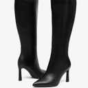 NEWBELLA Pointed Toe Knee High Boots for Women, Flared Heel, Stretch Suede, Tall Boot for Work, Party, Casual Wear (Black)
