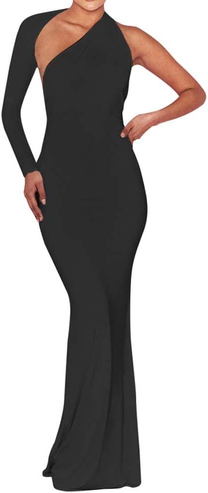 BEAGIMEG Women's Sexy Elegant One Shoulder Backless Evening Long Dress (Medium, Black)
