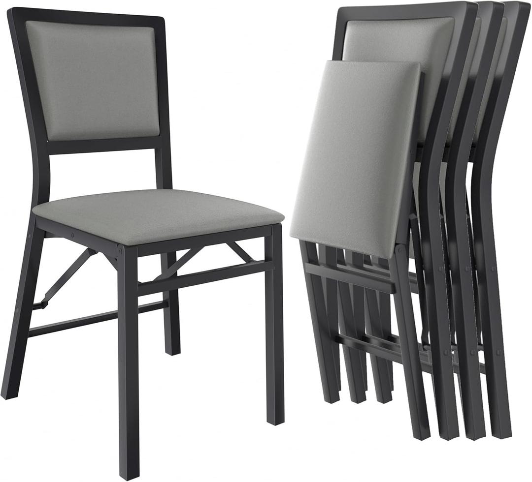 VECELO Folding Chairs Set of 4 with Cushion, Foldable Padded Seats with Heavy Duty Metal Frame for Kitchen/Dining/Living Room, No Assembly & Space Saving Design, Grey