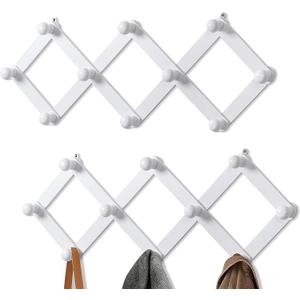TRSPCWR 2 Pack Accordion Wall Hanger, Expandable Coat Rack Wall Mounted, Wood Hat Hanger for Hanging Coat, Hats, Caps, Mugs, 10 Peg, White
