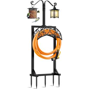Garden Hose Holder for Outside - Upgraded Water Hose Holders with 5 Spikes & 2 Shepherds Hooks, Freestanding Hose Stand Heavy Duty Hose Hanger Hose Storage Hose Reel Rack for Outside Yard Lawn (Black)