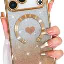 Bonoma Magnetic Glitter for iPhone 17 Pro [Compatible with MagSafe], Luxury Love Heart Pattern Plating Bling Case,Camera Protection Sparkly Slim Soft Back Cover for Women Girls,Gold