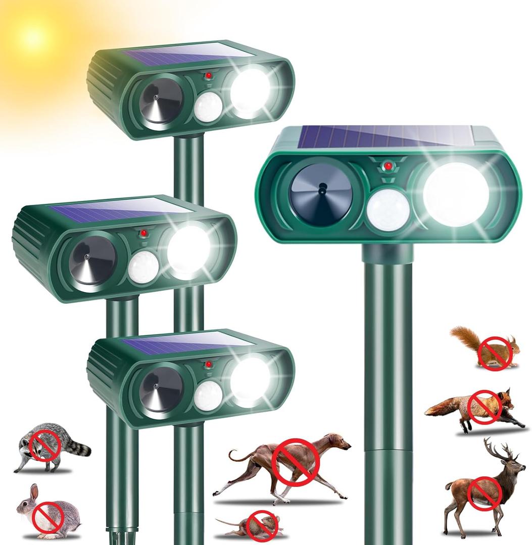 4 Pack Solar Ultrasonic Animal Repellent Outdoor,Squirrel Racoon Fortress Pro Deer Repellent Cat Deterrent Dog Repeller Waterproof with Strobe Light - Keep Rabbits,Skunks Away from Garden Yard Farm