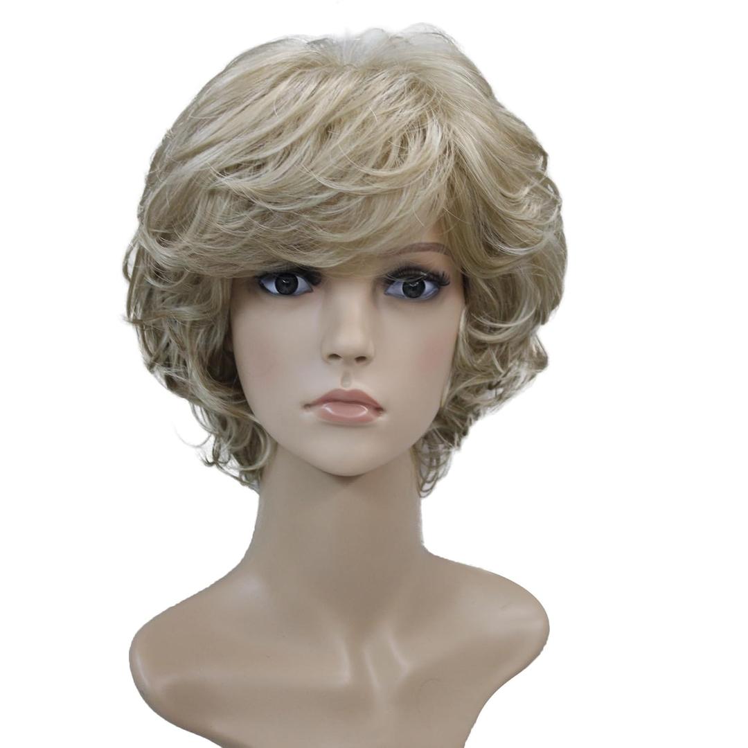 Wiginway Short Layered Shaggy Wavy Wigs Full Synthetic Capless Wigs White Women Blonde with Highlights (#L16-613)