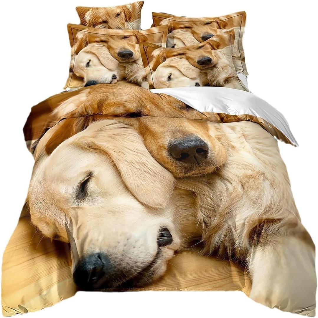 King Duvet Cover Set 3pcs Sleeping Dogs Pattern Duvet Covers Soft Breathable Duvet Cover with 2 Pillowcases for Animal Lovers (Brown)