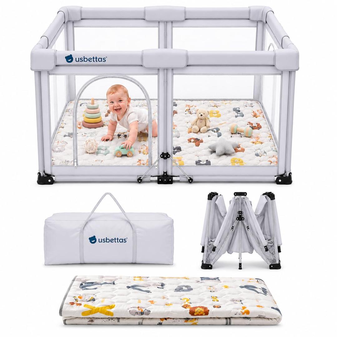 Foldable Baby Playpen with Mat, 50"x50", Light Gray