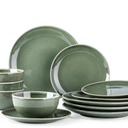 AmorArc Ceramic Dinnerware Sets for 4, 12 Pieces Handpainted Plates and Bowls Set, Scratch Resistant Stoneware Dishes Set, Dishwasher & Microwave Safe, Jade Green