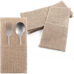 50 Pcs Burlap Utensil Holder Pouch Set - 4 x 8.8 Inch Natural Jute Cutlery Pouch for Wedding Party Decor, Reusable Silverware Bags with Deep Pockets for Knives Forks Spoons