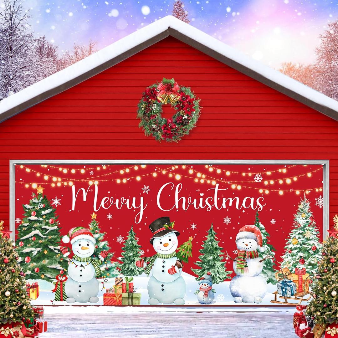 16X7ft Christmas Garage Door Backdrop Snowmen Christmas Trees Gifts Door Cover Garage Banner Xmas Party Background Decoration for Outdoor Indoor Home Holiday Party Wall Decoration (Multi4)
