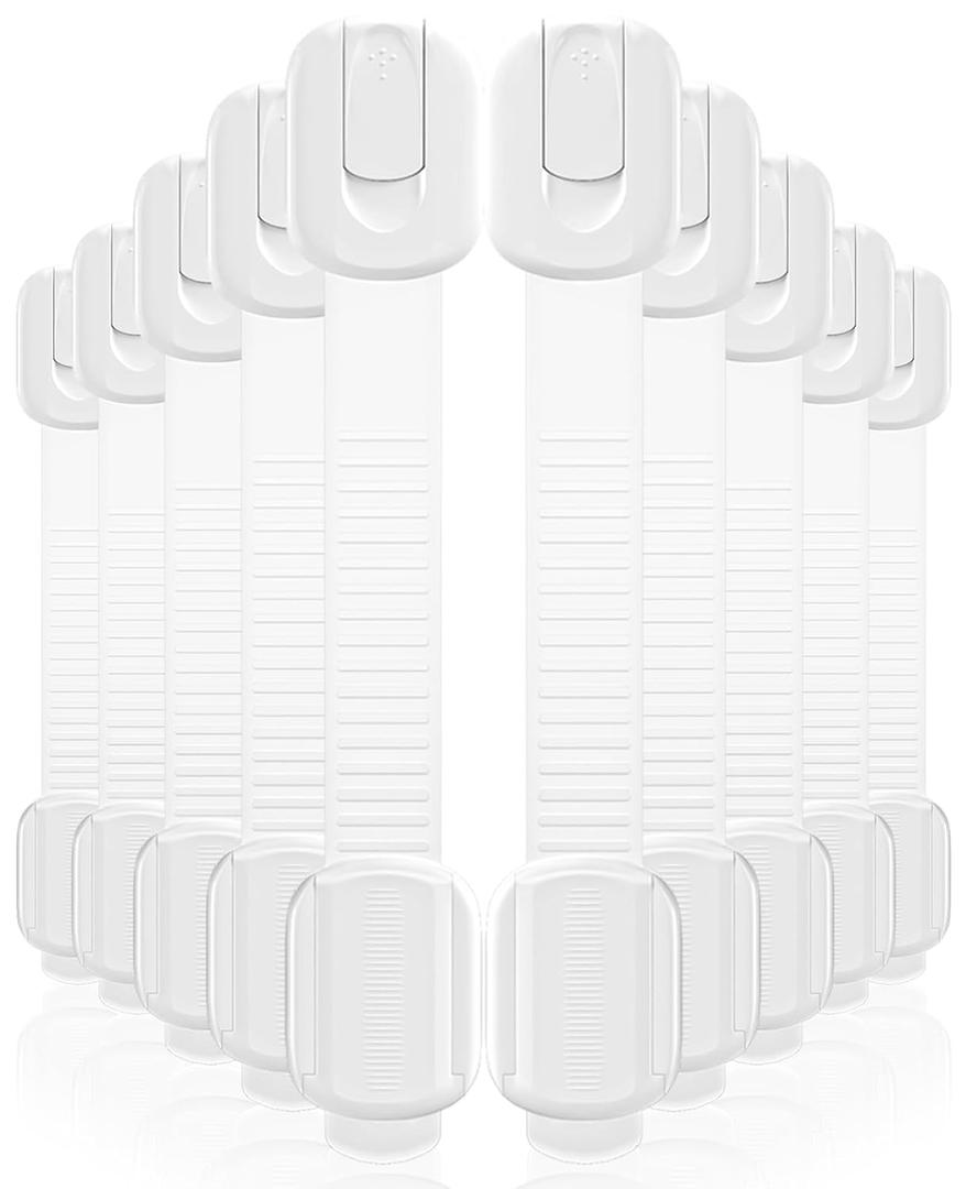 10 Pack Cabinet Locks Baby Proofing, Child Proof Cabinet Locks with 3M Adhesive - Easy Installation with Adjustable Straps, Multi-Purpose Child Safety Latches for Drawers Fridge Trash Cans Toilets (White)