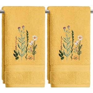 Artoid Mode 2 Pcs Yellow Wildflower Floral Embroidered Hand Towels for Bathroom, 100% Cotton Soft Absorbent Farmhouse Decor Towels, 13.7 x 29.5 Inch