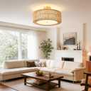 17.7" Rattan Flush Mount Ceiling Light,3-Light Hand-Woven Boho Ceiling Lights with Soft Fabric Diffuser,Farmhouse Drum Lighting Fixtures for Bedroom Hallway Kitchen,Bulbs Not Included(Brown)
