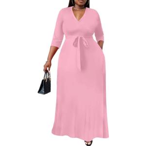 Nmoder Plus Size Maxi Dress for Women - Summer Casual 3/4 Sleeve Floral Flowy Long Dress with Belt XL- 6XL (4X-Large, Light Pink)