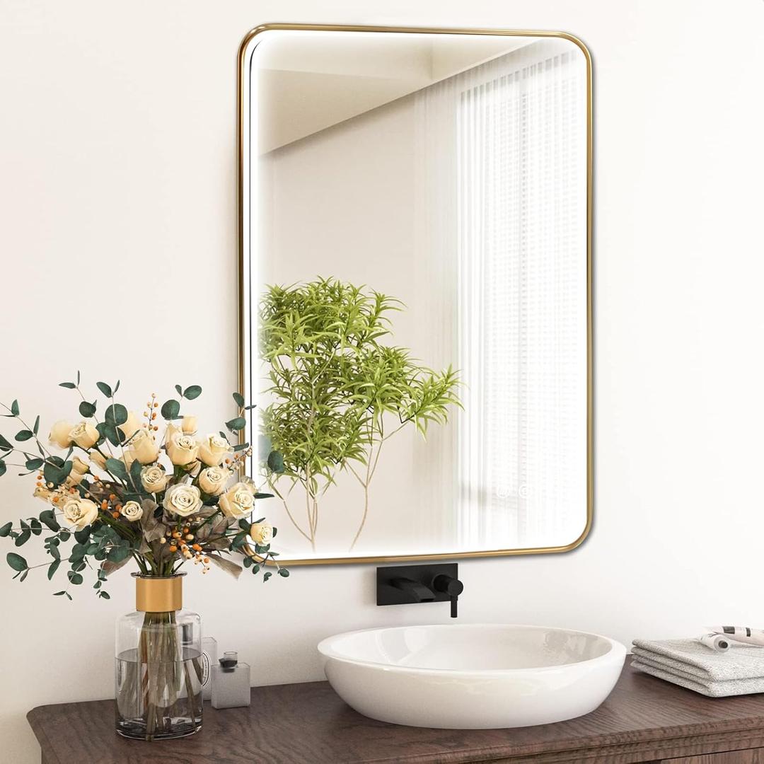 Niccy LED Mirror for Bathroom with Frontlit, 36"x24" Gold Framed Mirror with Lights, Anti-Fog, Dimmable 3 Color, Shatter-Proof, Smart LED Bathroom Mirror (36"L x 24"W)