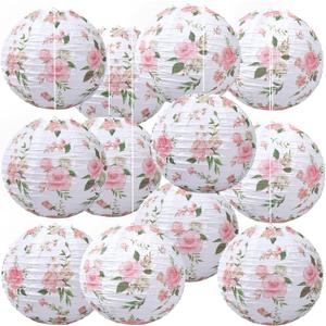 Honoson 12 Pcs Pink Rose Paper Lanterns Spring Floral Party Decorations Hanging 10 Inch Chinese Lanterns for Wedding Bridal Shower Baby Shower Tea Party Decorations