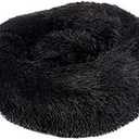 Plush Donut Pet Bed, Round Fluffy Calming Dog Cat Bed, Pink Shaggy Faux Fur, Comfortable Cushion for Small Medium Pets (Black, Diameter 50cm)