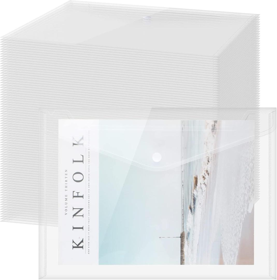 100 Pcs Clear Envelopes with Snap Button Closure A4 Letter Size Plastic Envelope Folder Poly Document Envelopes with Button Closure File Folders for School Home Office (Clear, Simple Style)