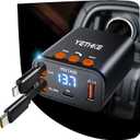 Bluetooth Car Adapter with Retractable Charger, FM Transmitter Bluetooth 5.4 for Cars, 4 in 1 Fast Car Phone Charger 69W, Handsfree Call, 2*Retractable Cable for iPhone 17/16/15/14, Galaxy-Black