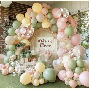 Pink Green Yellow Balloon Arch Kit, Double Stuffed Sage Green Pastel Pink Yellow White Sand Balloon Garland Beige Cream Balloons for Baby Shower Birthday Wedding Easter Fairy Flower Tea Party Decor