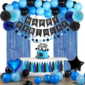 Blue and Black Happy Birthday Party Decorations Kit for Boys Men Women with Happy Birthday Banner, Fringe Curtain,Foil Balloons,Cake Topper for Birthday Decor, Blue Black