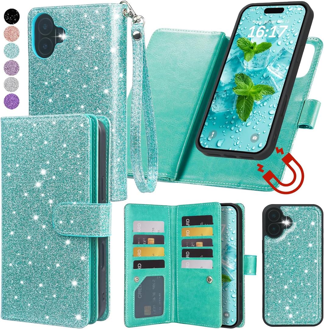 Varikke for iPhone 16 Wallet Case Detachable with RFID Blocking Card Holder for Women, Glitter PU Leather Wrist Strap Strong Magnetic Flip Wallet Removable Phone Case for iPhone 16 6.1", Mint Green