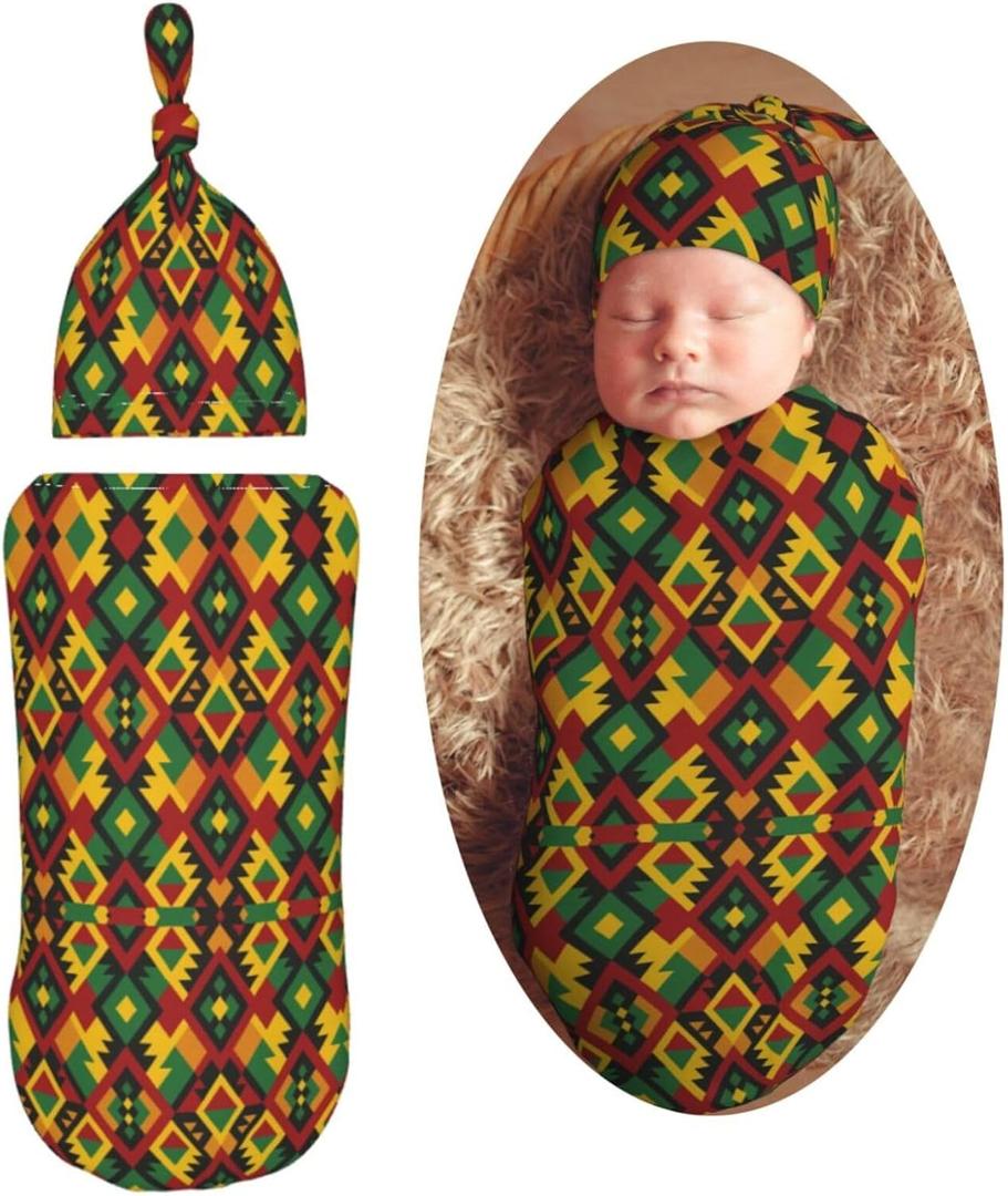 Ethnic African Cloth Pattern Newborn Swaddle Blankets Hat Sets Soft Baby Receiving Blanket Swaddle Sack for Baby Shower Infant Boy Girl Gift