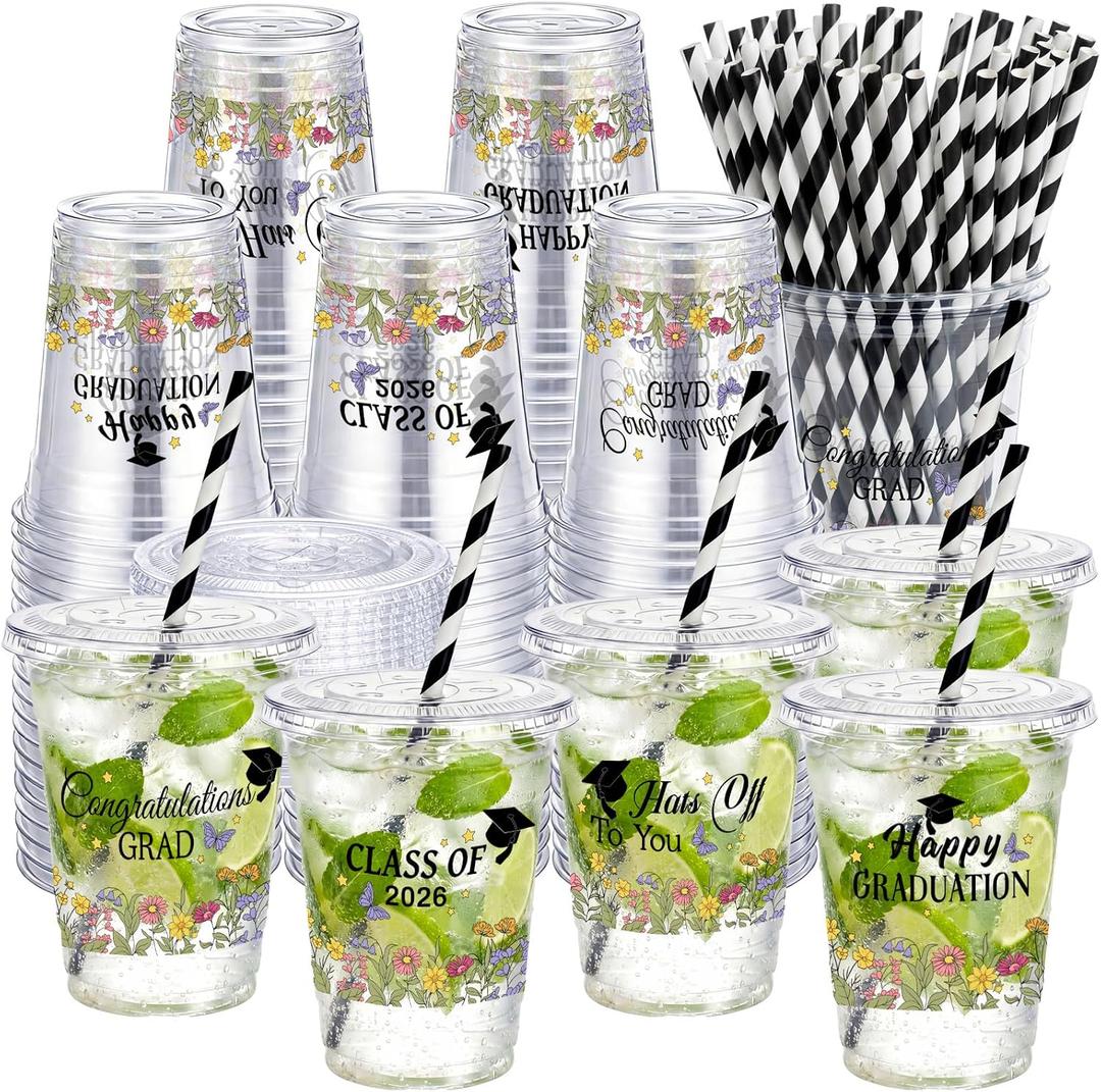 Patelai 60 Set 16oz Black Bow Graduation Cups Bulk Coquette Disposable Plastic Cups with Lids and Straws Black Graduation Decorations 2026 Congrats Grad Party Tableware for Drinks Beer Cocktails