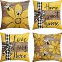 AVOIN colorlife Spring Home Sweet Home Bee Sunflower Throw Pillow Covers, 18 x 18 Inch Love Lives Here Summer Stripes Polka Dots Cushion Case for Sofa Couch Set of 4 (Yellow/Brown)