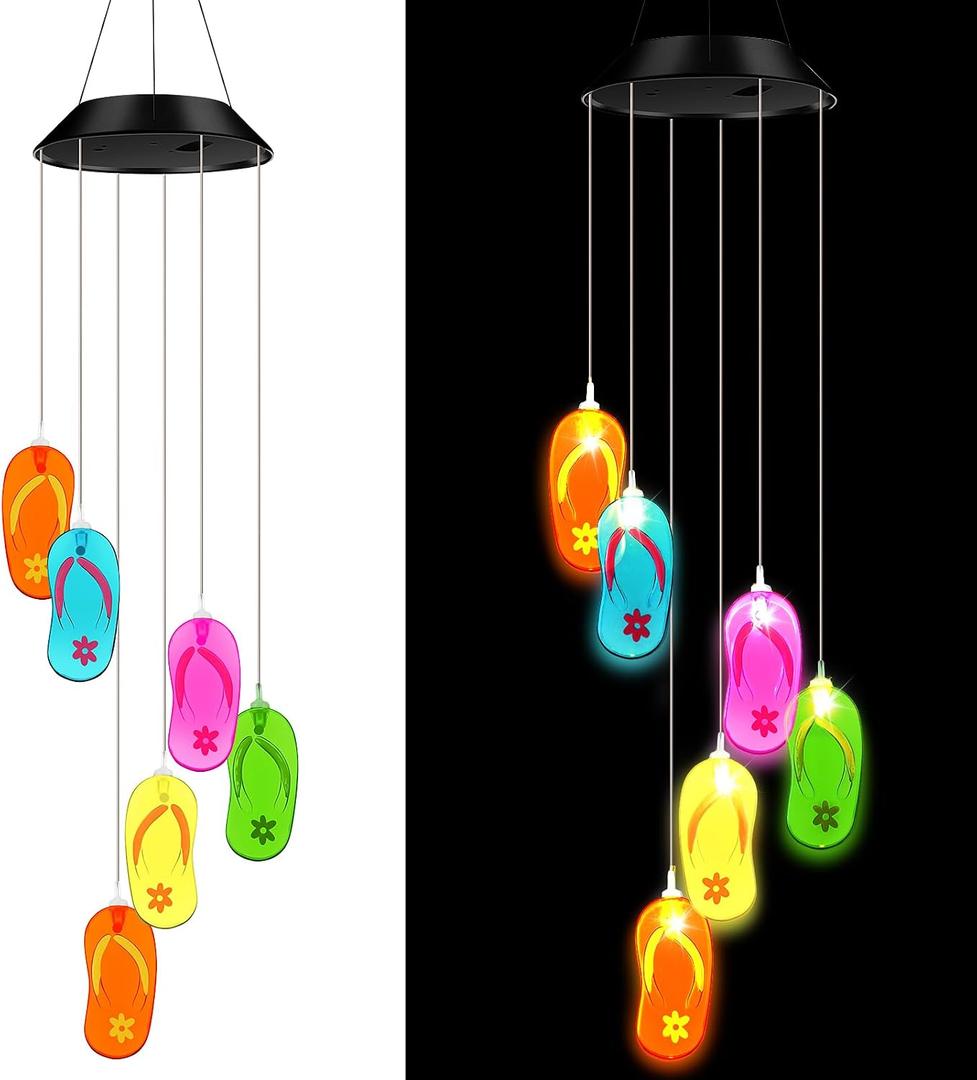 Wonderjune Tropical Beach Themed Slipper Solar Wind Chimes Flip Flop Outdoor Summer Beach Decorations Lights Mobile Wind Chime LED Lights for Garden Patio Yard Porch Hawaii Party Gifts
