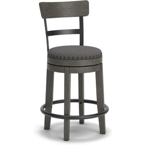 Signature Design by Ashley Caitbrook | Farmhouse Swivel 24" Counter Height Barstool  360 Swivel, Upholstered with Nailhead Trim, Metal & Wood Frame, Gray