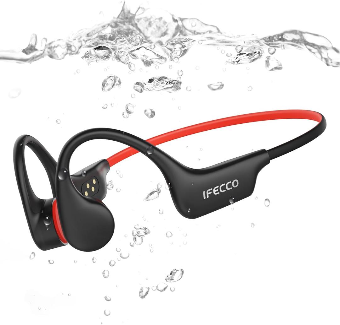 IFECCO Waterproof Headphones for Swimming, Bone Conduction Headphones Bluetooth 6.0,IP68 Waterproof Swimming Earbuds Underwater with 8G MP3 for Running Cycling Sports (Black Red)