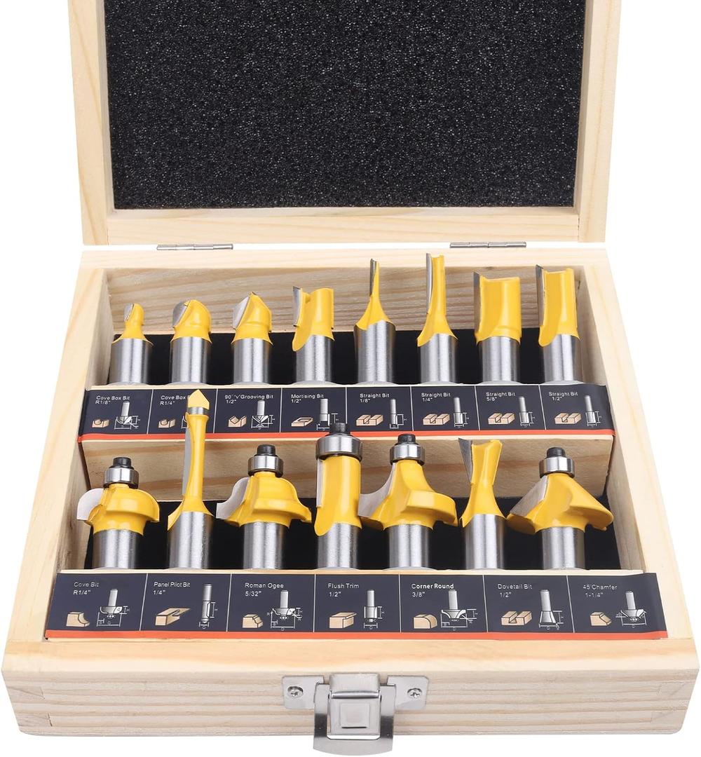 Router Bits Set of 15 Pieces 1/2 Inch Woodwork Tools for Beginners