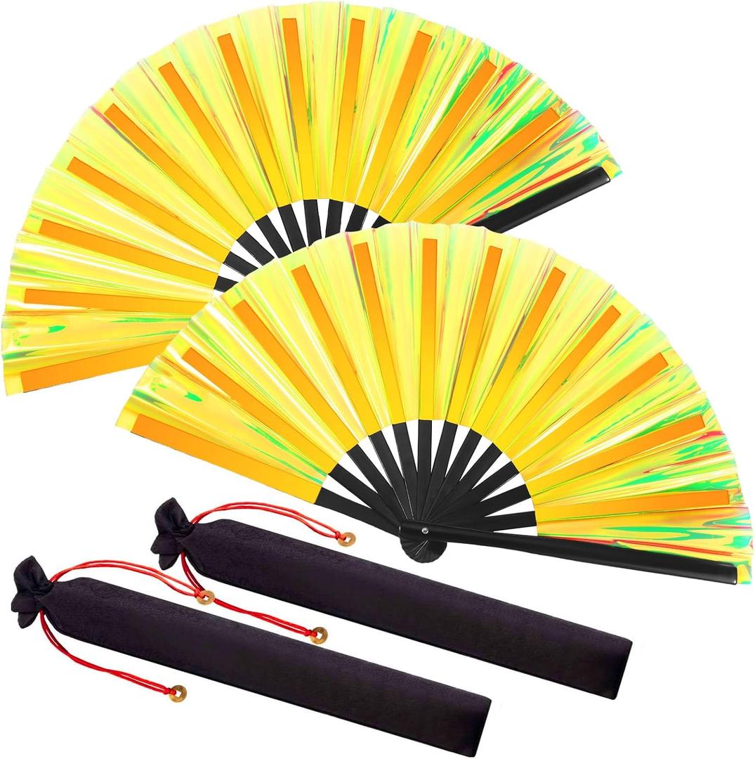 2 x Maitys Large Rave Fan Folding Handheld Fans 13'' Clap Fans for Line Dancing Clack Fan Holographic Festival Accessory for Martial Art Gift Performance, Includes 2 Pouch
