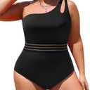 Aqua Eve Plus Size One Piece Swimsuit One Shoulder Bathing Suit Tummy Control Keyhole Swimwear (Solid Black)