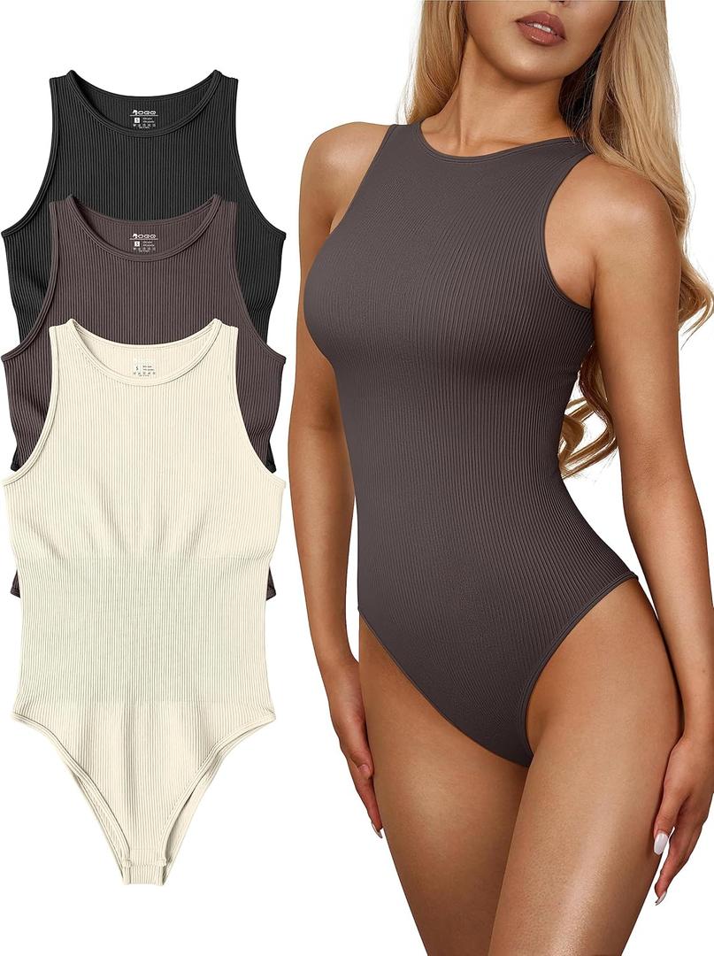 OQQ Women's 3 Piece Bodysuits Sexy Ribbed One Piece Sleeveless Halter Neck Tops Leotard Summer Trendy (Large, Black Tea Leaf Beige)